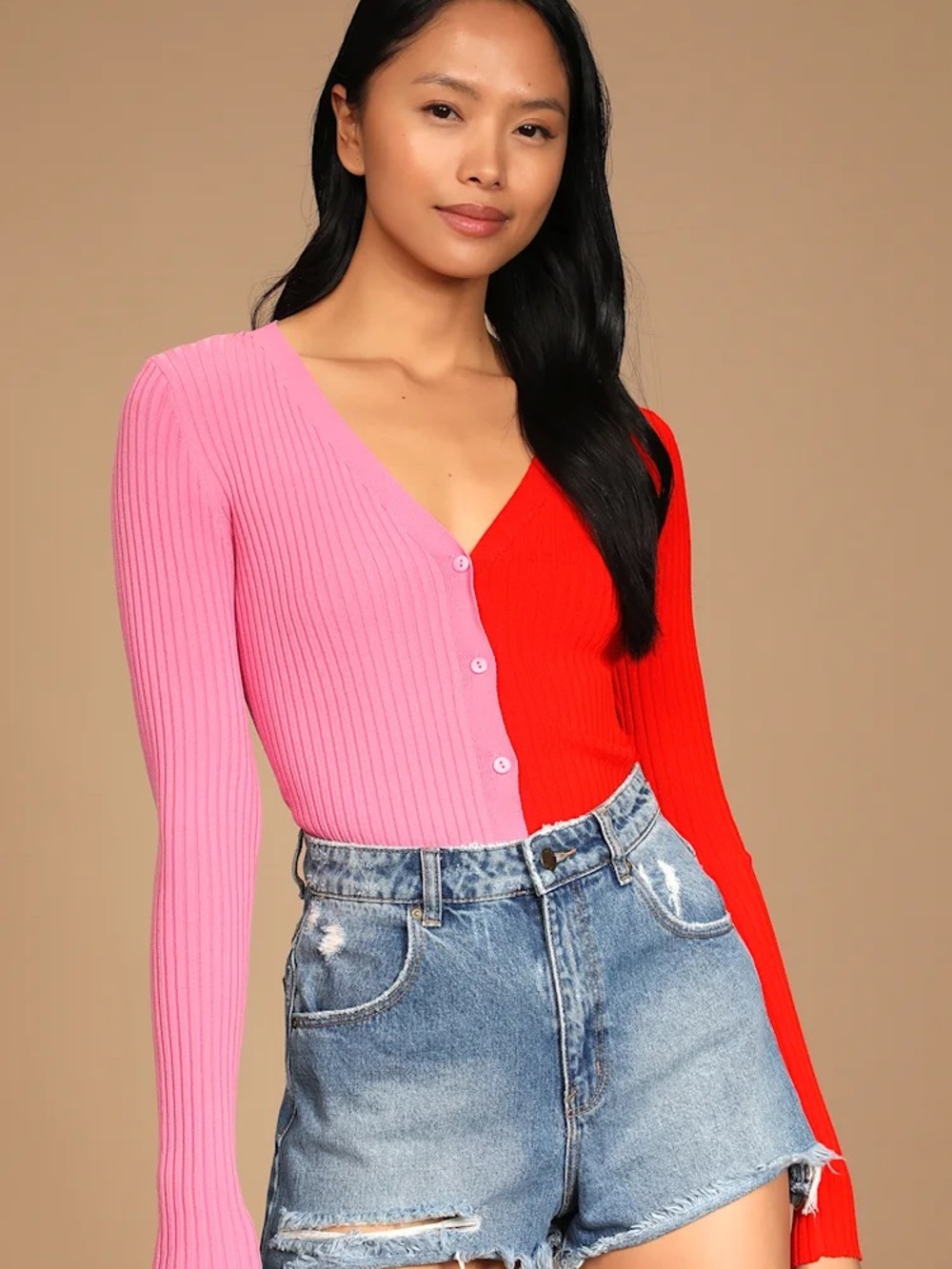 Lulus Pink Red Colorblock Ribbed Cardigan Sweater Y2K Coquette Size S